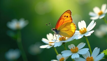 Obraz premium One orange butterfly amidst white butterflies, white butterflies, nature