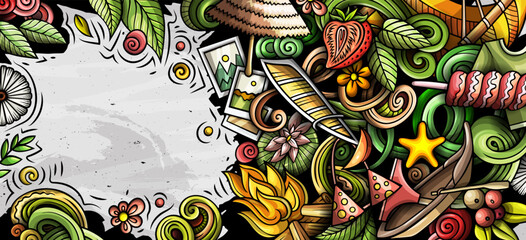 Naklejka premium Summer hand drawn doodle banner. Cartoon vector detailed flyer. Illustration with summertime objects and symbols
