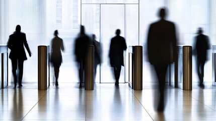 Fototapeta premium in modern office space with transparent overlay of people exiting turnstiles employee turnover, cost focus, transparency, corporate entrance, layoffs symbol, restructuring, employee perspective, 