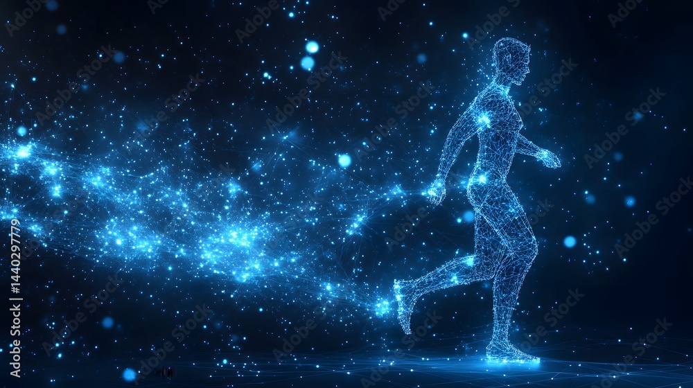 Poster dynamic wireframe human figure runs left, a vibrant trail of blue light highlighting speed and futur