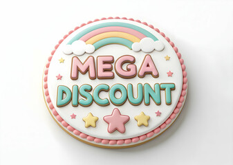 Colorful Decorative Cake with Mega Discount Text and Rainbow Design