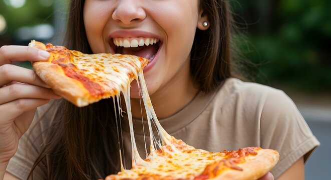 Young Woman About to Bite into a Slice of Pizza