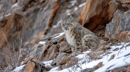 Snow Leopard in Rocky Himalayan Habitat, Winter Vigilance