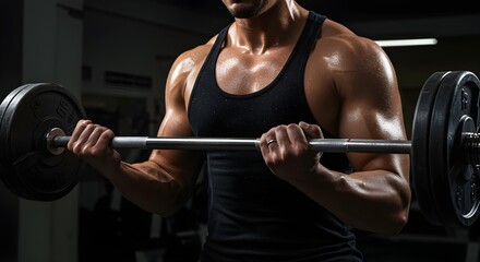 Sweaty Man Doing Barbell Bicep Curl