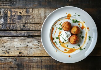 Deliciously Golden Fried Balls Served on a Rustic Plate with Creamy Sauce and Fresh Herbs Against a Textured Wooden Background