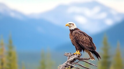 Majestic bald eagle perched on a weathered snag, overlooking a serene mountain range under a soft, hazy sky