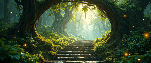 Enchanting Stone Steps Leading Through a Magical Firefly Lit Forest