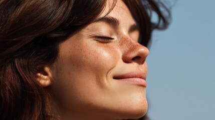 Close-up portrait of a young woman's face. she has shoulder-length dark hair that is styled in loose waves and falls over her shoulders.
