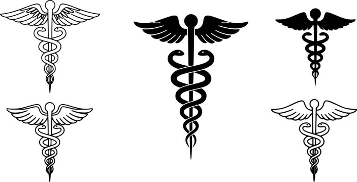 set of black various Caduceus Medical Symbol icon outline silhouettes
