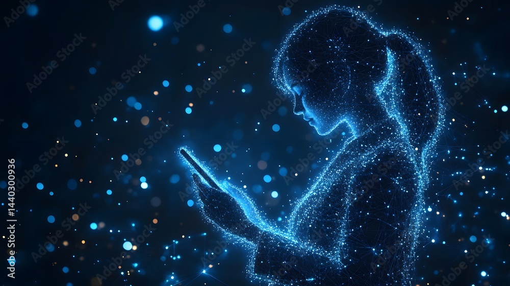 Poster a digital woman gazes at her smartphone, both rendered in glowing blue network dots. dark background