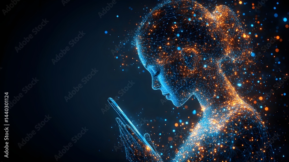 Fototapete luminous woman depicted in a web-like network of lines, immersed in a digital glow, interacts with h
