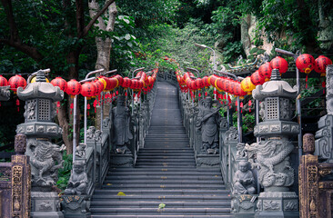 stairs to temple with red lanterns asia