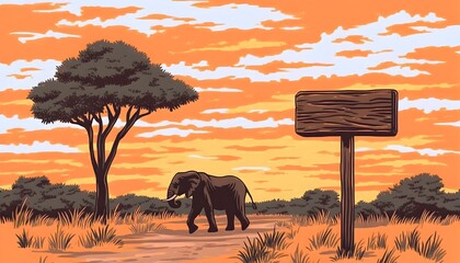 Sunset savannah scene elephant walks dirt road past acacia tree and blank wooden sign