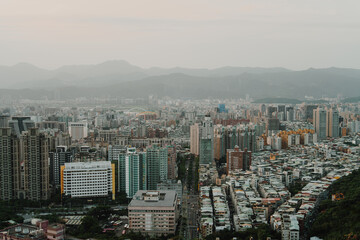 aerial view Kaohsiung skyline asia city mountains fog
