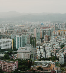aerial view Kaohsiung skyline asia city mountains fog
