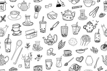 Cute seamless pattern of hand drawn tea theme elements in doodle style. Bubble tea, matcha tea, Turkish tea cups. Vector illustration EPS10. Isolated on white background