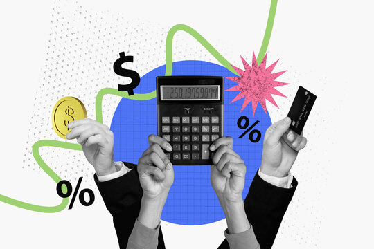 Creative design composite artwork collage of hand hold calculator bank credit card hiring recruitment entrepreneur money coins dollars