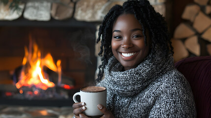 Smiling African woman in warm clothes holding a mug of hot cocoa in front of a cozy fireplace