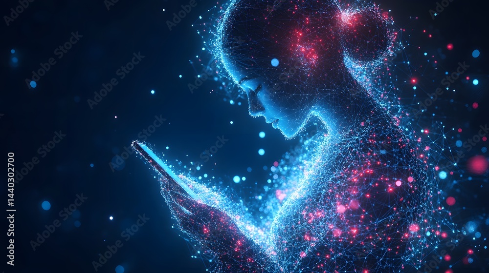 Aufkleber digital woman engrossed in her device, blending humanity with technology. networked figure illuminat