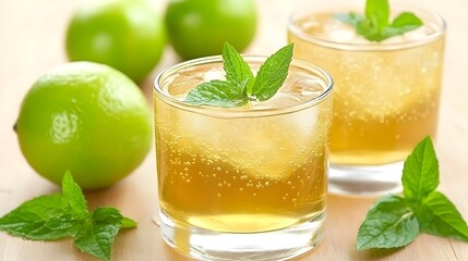 Fototapeta premium Two iced drinks with lime and mint garnish
