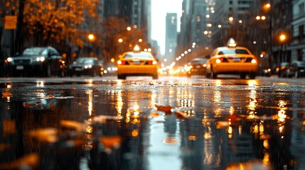 Rainy City Street with Glowing Reflections from Cars and Street Lamps