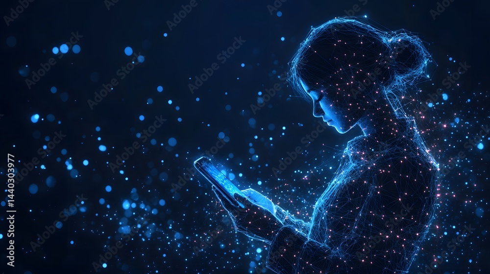 Poster futuristic digital art showing a woman made of light interacting with a smartphone. a holographic ef