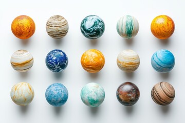 Fototapeta premium Stylized collection of planetary spheres with varied textures and colors representing solar system, education and cosmic design concept, Generative AI