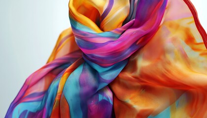 Fototapeta premium Colorful Textile Scarf Abstract Design with Flowing Fabric in Yellow, Blue, Pink