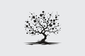 minimalist silhouette of cherry blossom tree in black and white