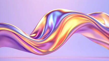 Iridescent, metallic fluid forms a flowing, wavy abstract sculpture against a pastel background