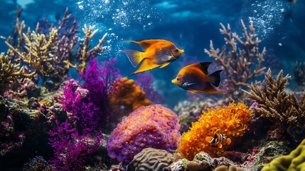 Fototapeta premium Vivid coral underwater reef where pair of angelfish swim gracefully among sea sponge soft coral tide creating gentle current ripple across vibrant underwater scene cut out isolated transparent