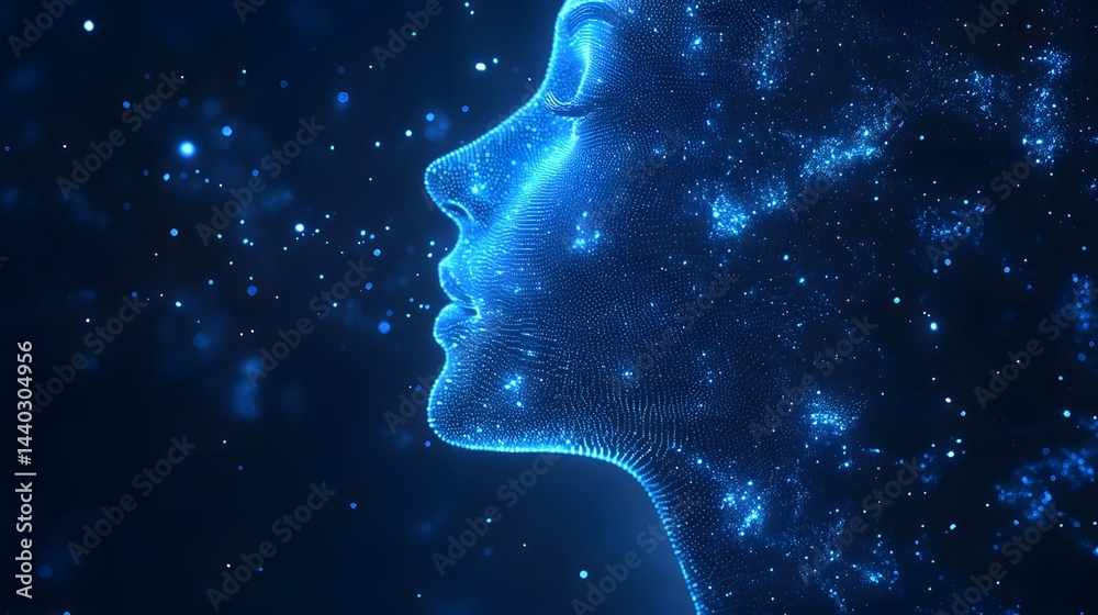 Fototapete futuristic profile portrait crafted from vibrant blue particles against a deep blue backdrop. the me