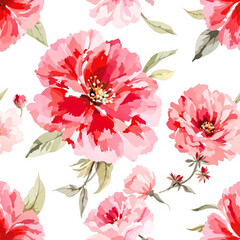 Seamless summer pattern with watercolor red flowers handmade