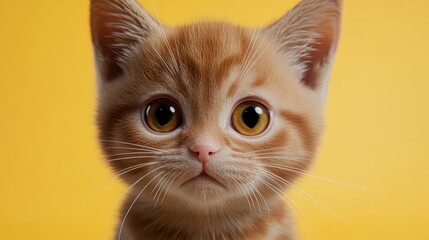 A close-up of an adorable orange tabby kitten with large, expressive eyes on a bright yellow background, This image is perfect for pet-related content, marketing, or social media use,