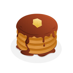 Delicious stack of pancakes topped with syrup and butter