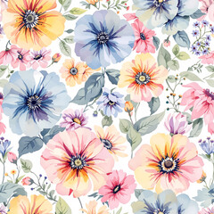 Seamless summer pattern with watercolor flowers handmade.