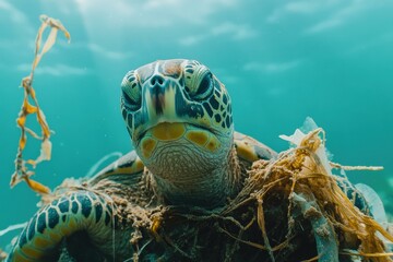 Obraz premium Sea turtle entangled in ocean plastic and debris facing the camera with a worried expression