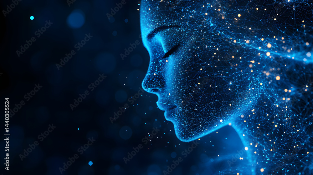 Poster Digital portrait of a woman's profile created with blue lines and dots against a dark backdrop. The artistic style lends a modern and ethereal quality. Abstract wireframe in dark blue.