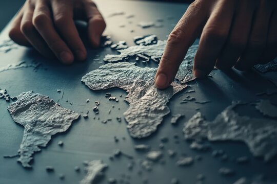 Close-up of a tactile world map with raised outlines and a hand pointing to the African continent