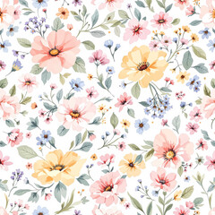 Seamless summer pattern with watercolor flowers handmade.