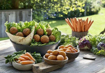 Fresh and Vibrant Vegetable Display with Lettuce, Carrots, Eggs, and Falafel Balls on a Rustic Wooden Table in a Sunny Outdoor Garden Setting