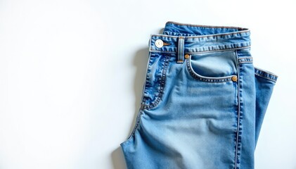 Light wash jeans, neatly folded on pure white, image, light blue