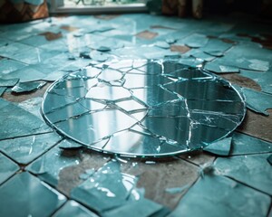 A shattered glass mirror on a bathroom floor, fragments reflecting a distorted image of the room