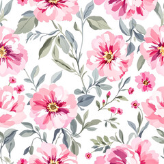 Seamless pattern of delicate pink peony flower watercolor and leaves