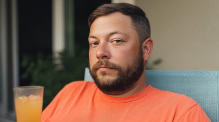 Obraz premium Close-up portrait of a man sitting on a blue armchair. he is wearing an orange t-shirt and has a beard. he has short, dark hair and is looking off to the side with a serious expression on his face.