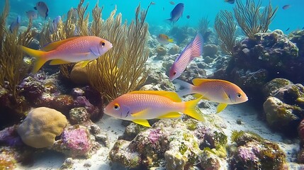 Enchanting view of colorful reef where fish species of all colors swim between corals sea plants showing the diversity of marine life and ocean ecosystems cut out on isolated transparent background
