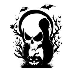 Eerie Halloween Silhouette with Skull, Pumpkin, Bats, and Moonlit Branches