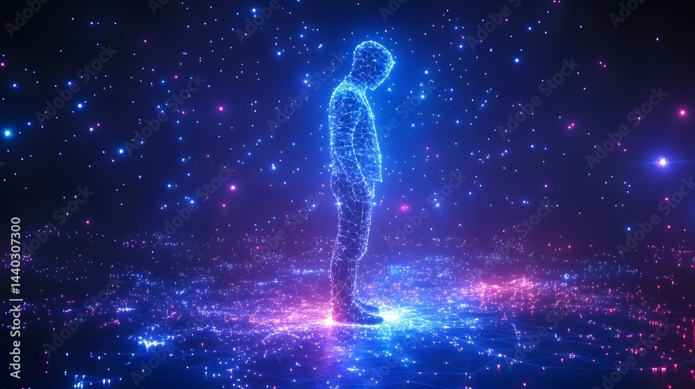 Poster futuristic digital landscape featuring a blue wireframe human figure on a glowing grid. pink and blu