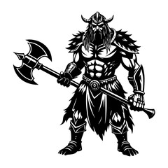 Download Warrior Holding A Large Axe With Anger   Silhouette Vector Illustration White Background Svg File For Design.