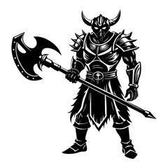 Obraz premium Download Warrior Holding A Large Axe With Anger Silhouette Vector Illustration White Background Svg File For Design.